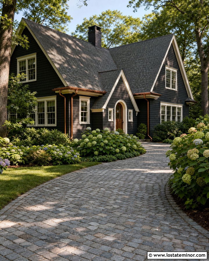 Black Cottage With Cobblestone Driveway - 30 Black House Design With Driveway Ideas