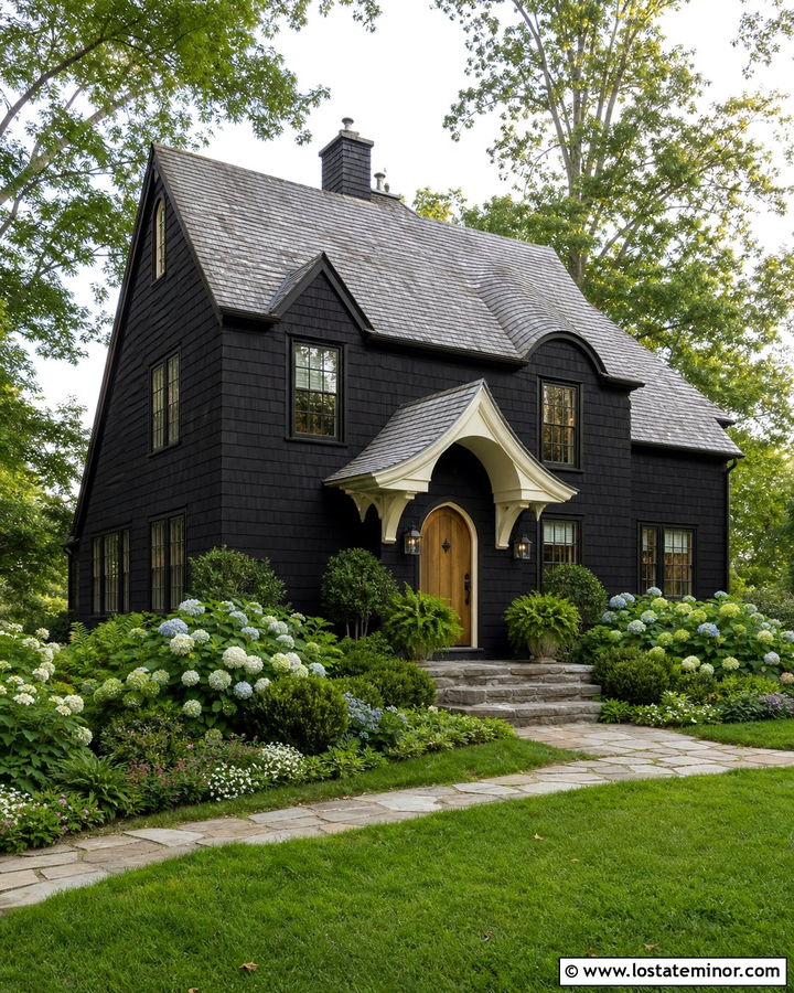 Black Cottage With Curved Portico - 30 Black House Design With Portico Ideas