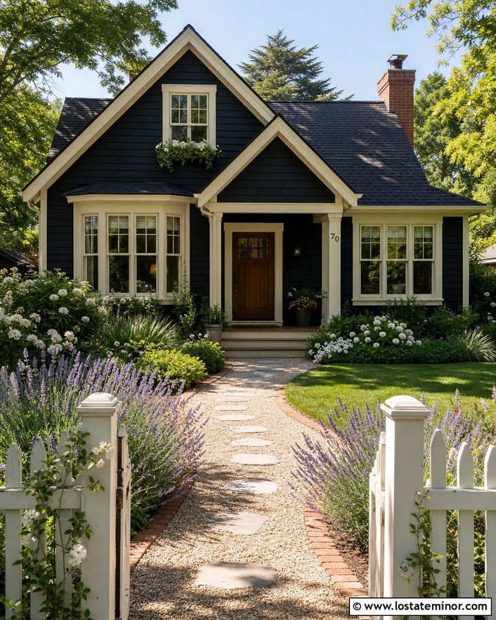 Black Cottage With Gravel Garden Walkway - 30 Black House Design With Walkway Ideas
