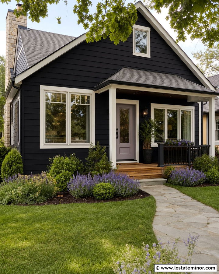 Black Cottage With Lavender Front Door - 30 Black House Design With Entry Door Ideas