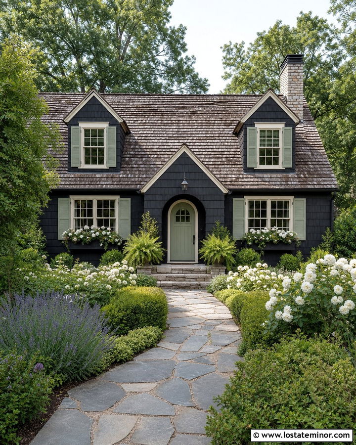 Black Cottage With Sage Green Shutters - 30 Black House Design With Shutters Ideas