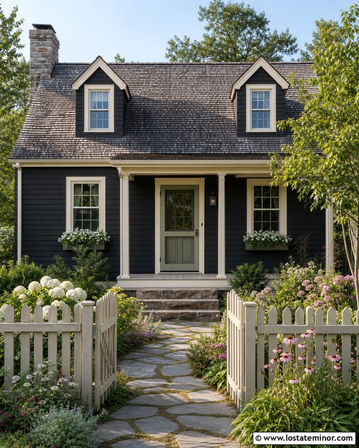 Black Cottage With Sage Green Storm Door - 30 Black House Design With Storm Door Ideas