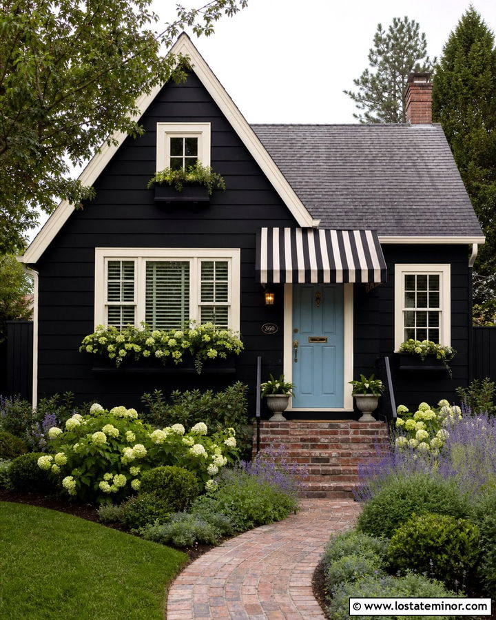 Black Cottage With Striped Fabric Awning - 30 Black House Design With Awning Ideas