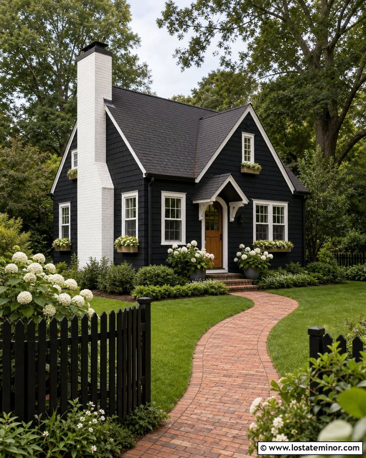 Black Cottage With White Brick Chimney - 30 Black House Design With Chimney Ideas