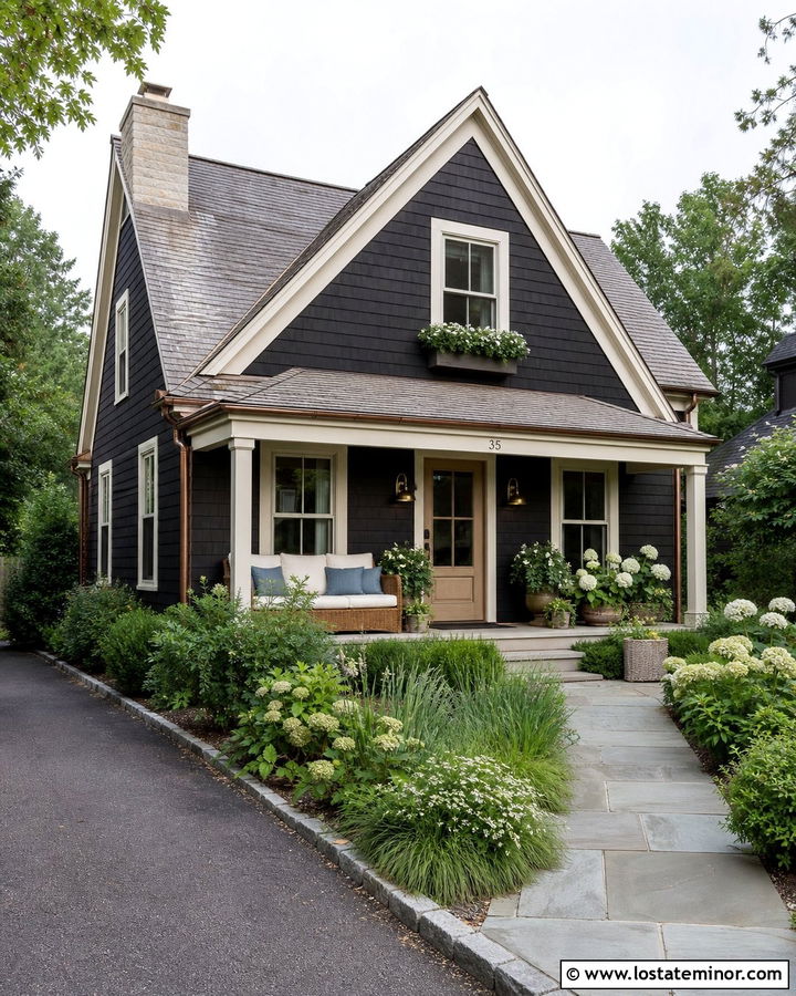 Black Cottage With Wicker Porch Daybed - 30 Black House Design With Daybed Ideas