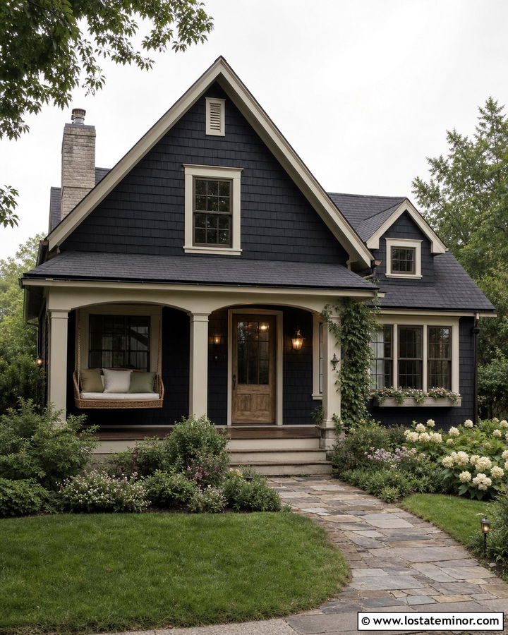 Black Cottage With Wicker Porch Swing - 30 Black House Design With Swing Ideas