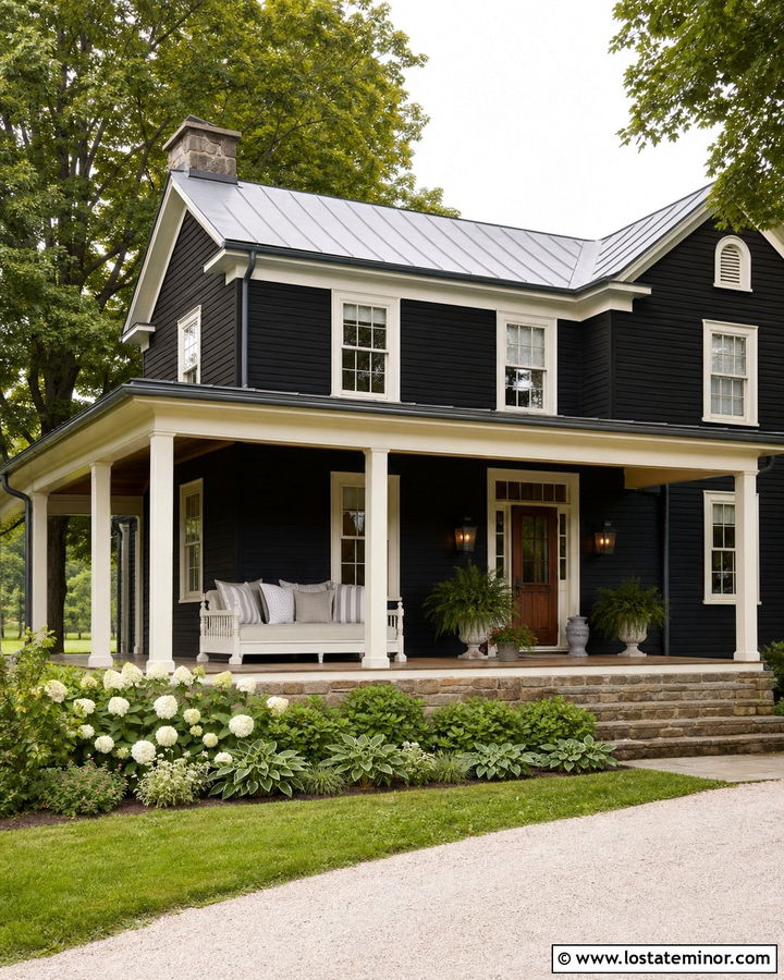 Black Country House With Wraparound Porch Daybed - 30 Black House Design With Daybed Ideas