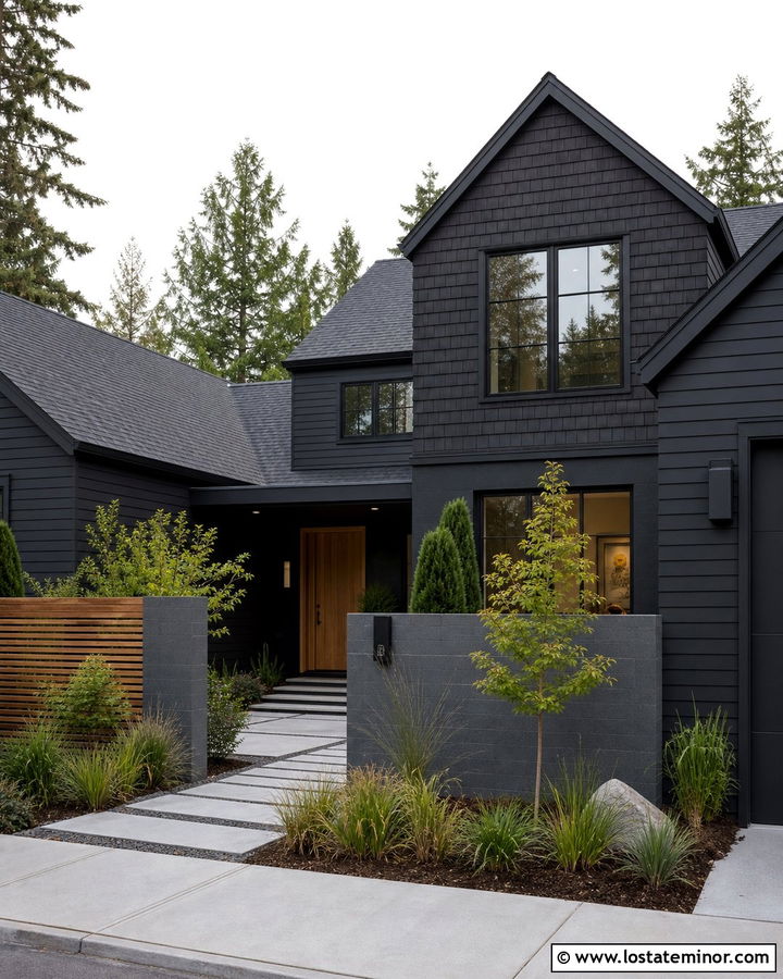 Black Courtyard House With Shingles - 30 Black House Design With Shingles Ideas