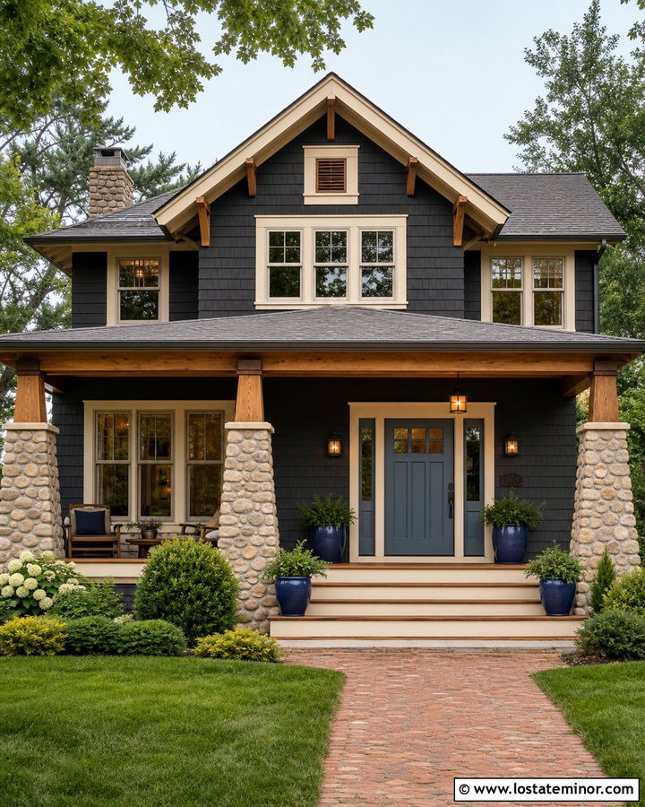 Black Craftsman House With Blue Front Door - 30 Black House Design With Entry Door Ideas