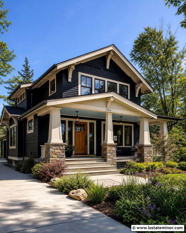 Black Craftsman House With Blue Porch Ceiling - 30 Black House Design With Porch Ceiling Ideas