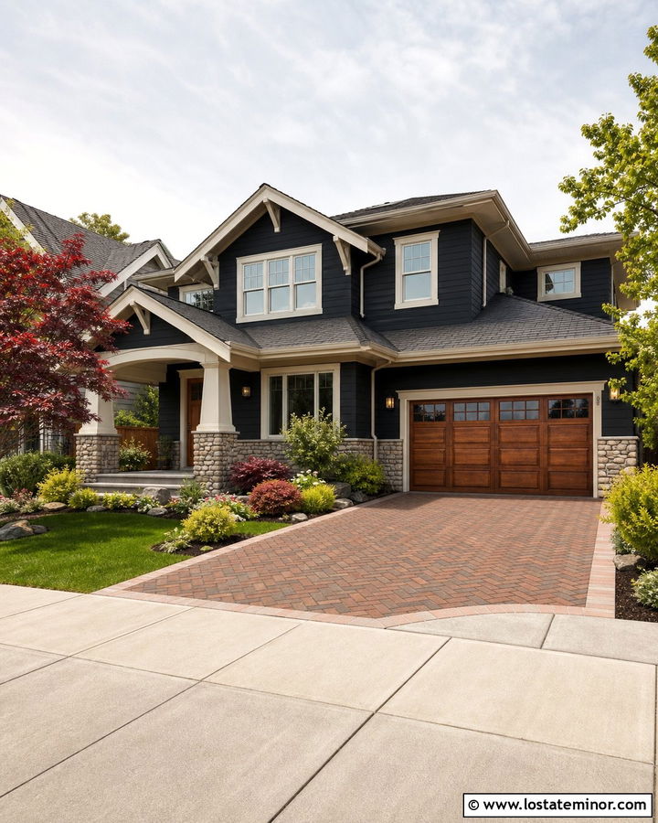 Black Craftsman House With Brick Paver Driveway - 30 Black House Design With Driveway Ideas