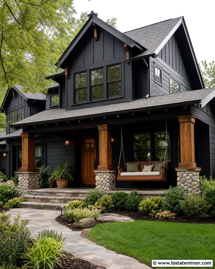 Black Craftsman House With Cedar Swing - 30 Black House Design With Swing Ideas