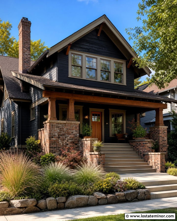 Black Craftsman House With Clinker Brick - 30 Black House Design With Brick Accents Ideas