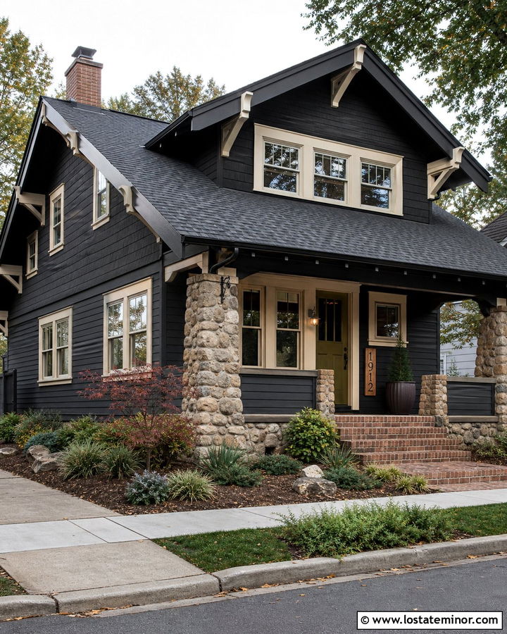 Black Craftsman House With Copper House Numbers - 30 Black House Design With House Numbers Ideas