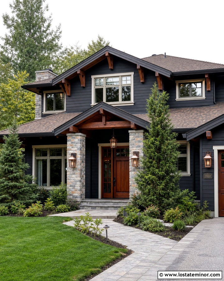 Black Craftsman House With Copper Lanterns - 30 Black House Design With Lighting Ideas
