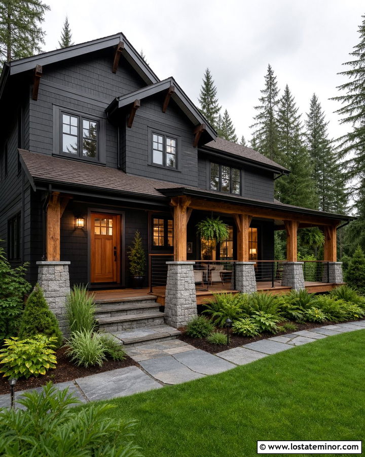 Black Craftsman House With Covered Deck - 30 Black House Design With Deck Ideas