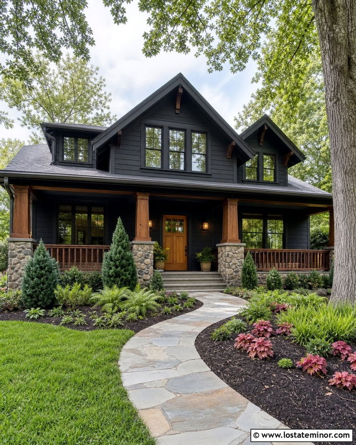 Black Craftsman House With Evergreen Landscaping - 30 Black House Design With Landscaping Ideas