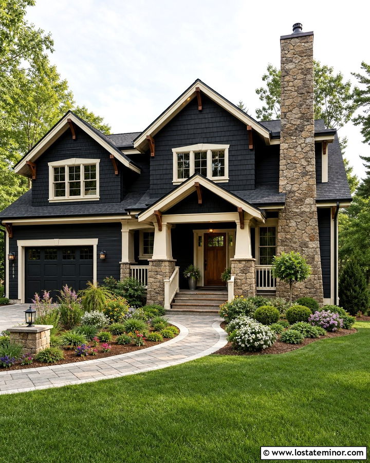 Black Craftsman House With Fieldstone Chimney - 30 Black House Design With Chimney Ideas