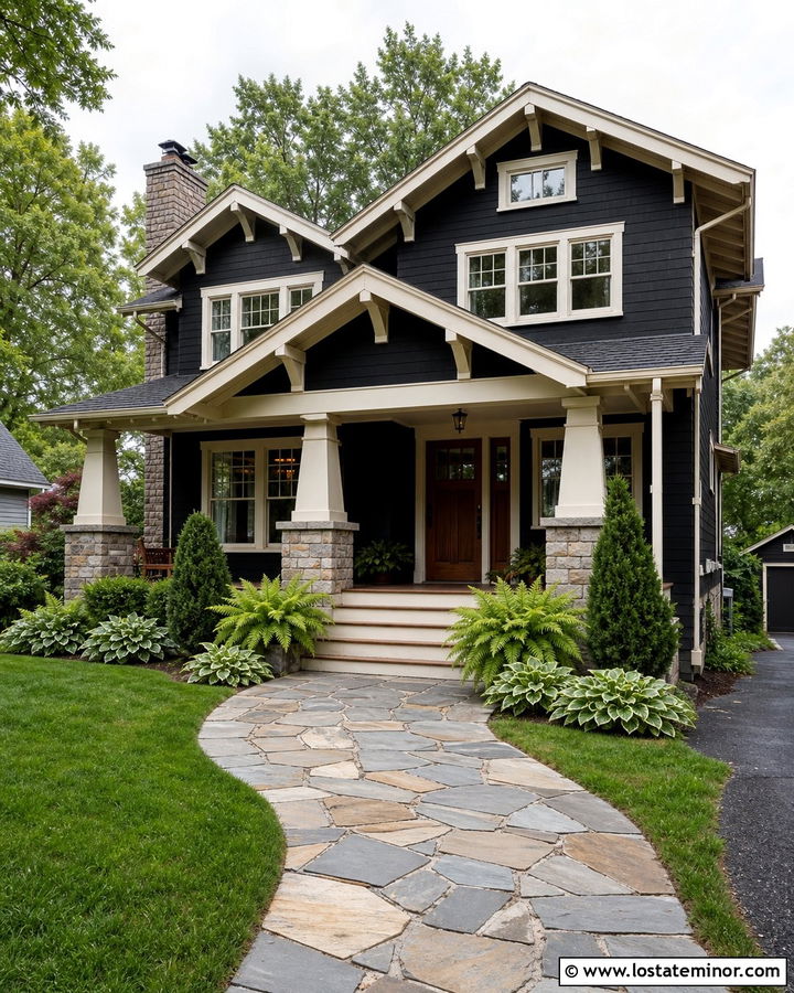 Black Craftsman House With Flagstone Walkway - 30 Black House Design With Walkway Ideas
