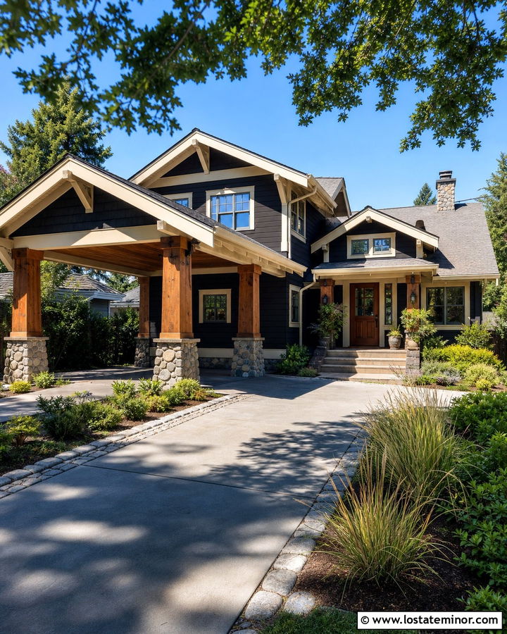 Black Craftsman House With Gable Carport - 30 Black House Design With Carport Ideas