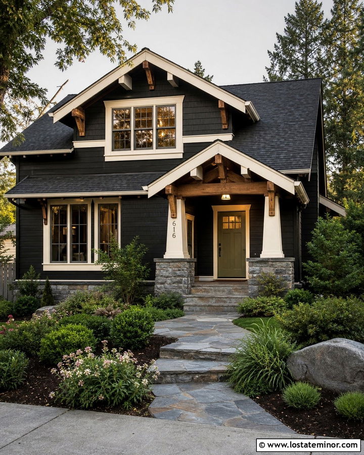 Black Craftsman House With Gabled Awning - 30 Black House Design With Awning Ideas
