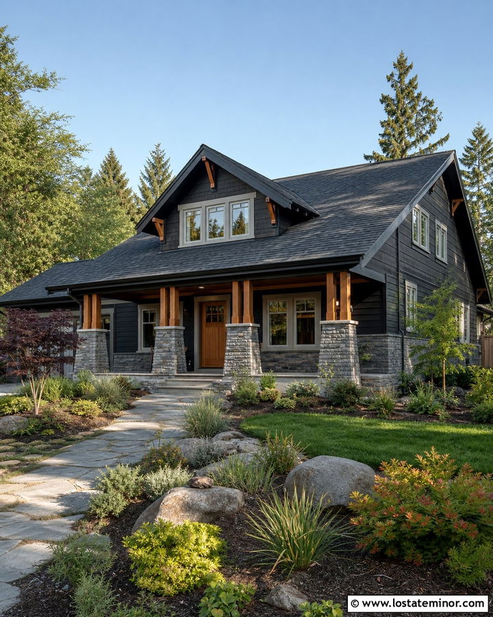 Black Craftsman House With Gray Stone Wainscoting - 30 Black House Design With Wainscoting Ideas
