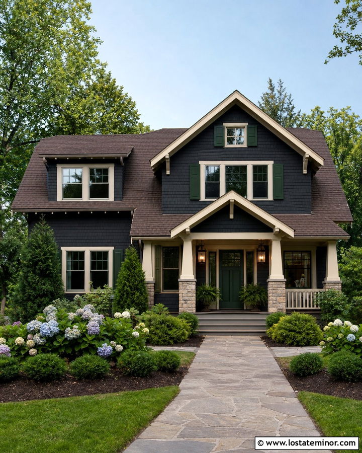 Black Craftsman House With Green Shutters - 30 Black House Design With Shutters Ideas