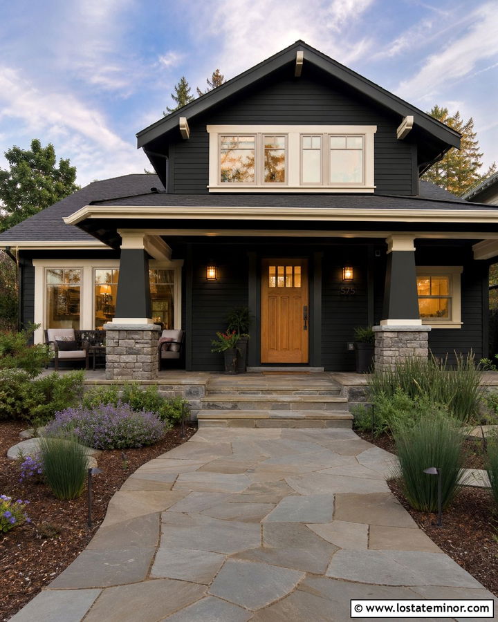 Black Craftsman House With Mission Lanterns - 30 Black House Design With Light Fixtures Ideas