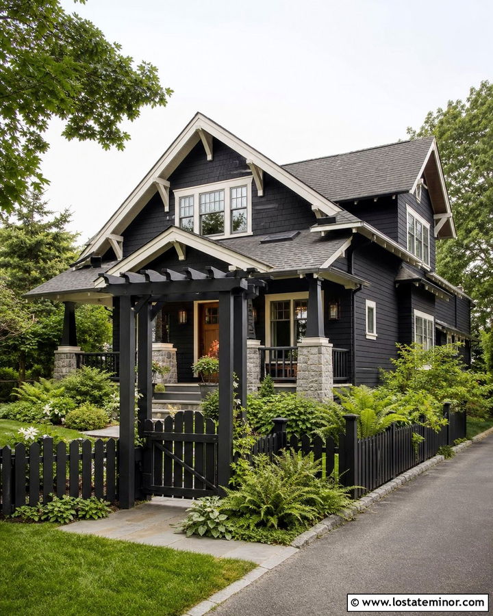 Black Craftsman House With Picket Fence - 30 Black House Design With Fence Ideas