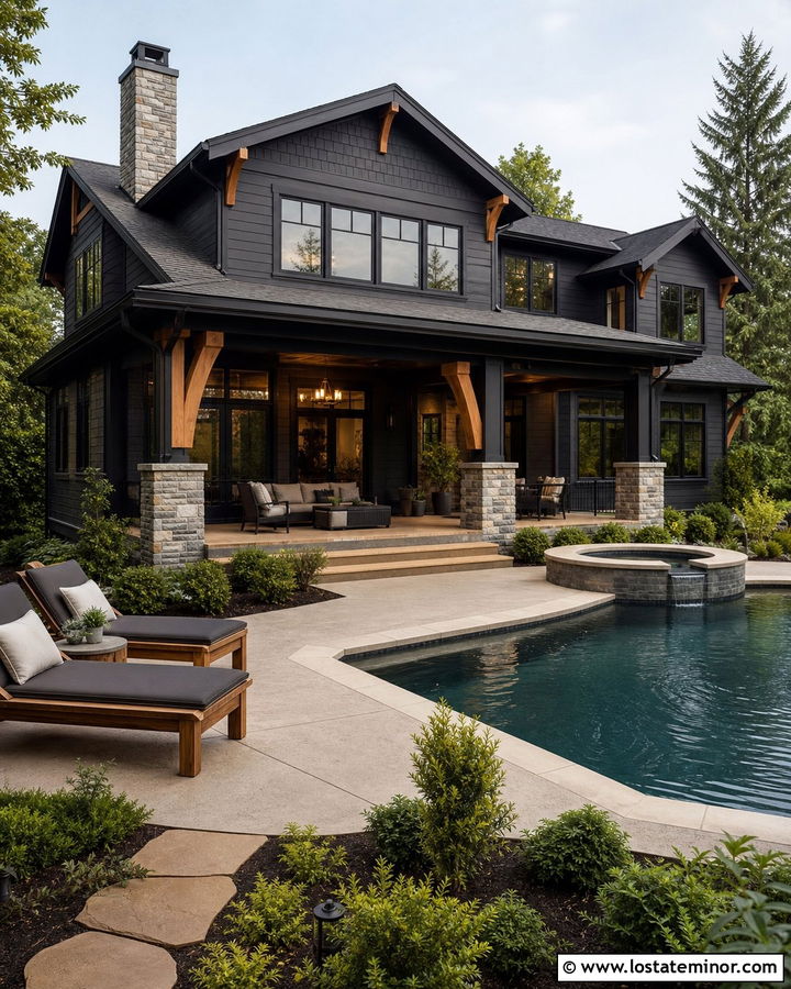 Black Craftsman House With Pool And Spa - 30 Black House Design With Swimming Pool Ideas