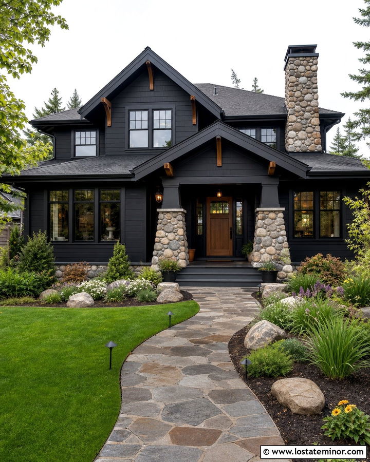 Black Craftsman House With River Rock - 30 Black House Design With Stone Accents Ideas
