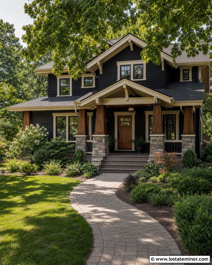 Black Craftsman House With Stone Column Bases - 30 Black House Design With Porch Columns Ideas