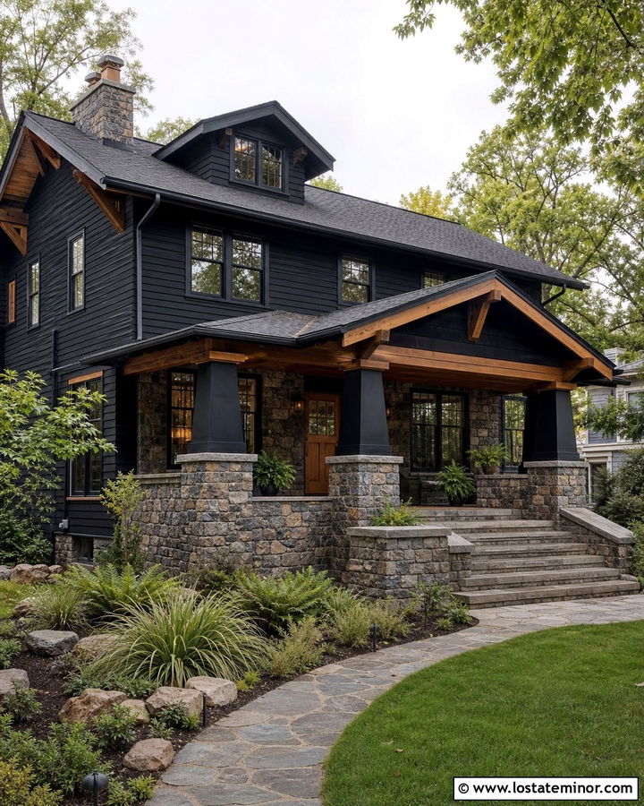 Black Craftsman House With Stone Front Porch - 30 Black House Design With Front Porch Ideas