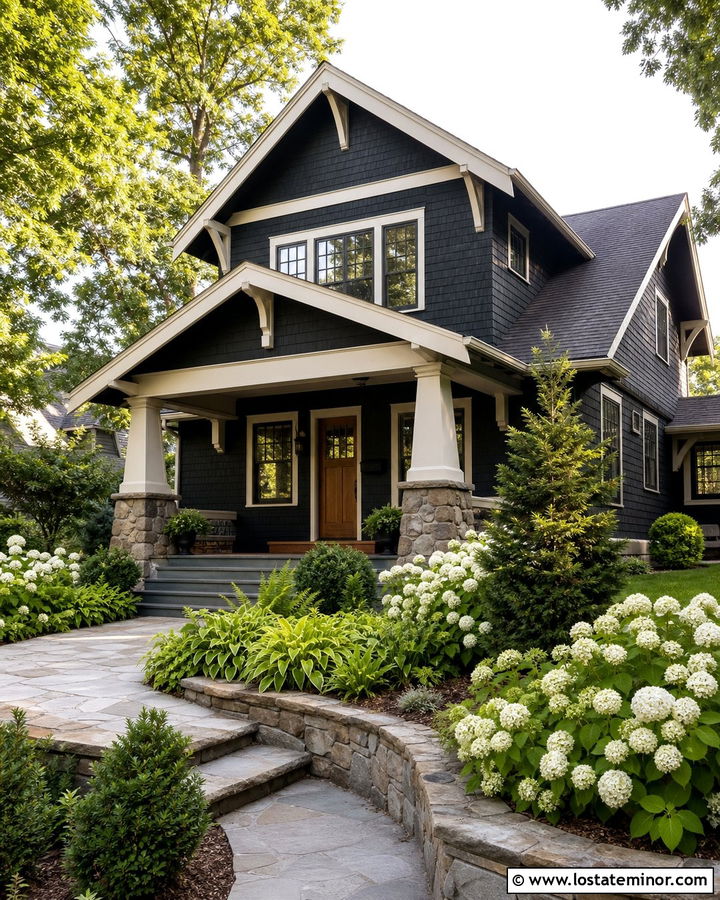 Black Craftsman House With Stone Garden Beds - 30 Black House Design With Front Yard Ideas