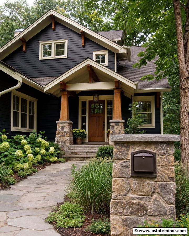 Black Craftsman House With Stone Mailbox - 30 Black House Design With Mailbox Ideas