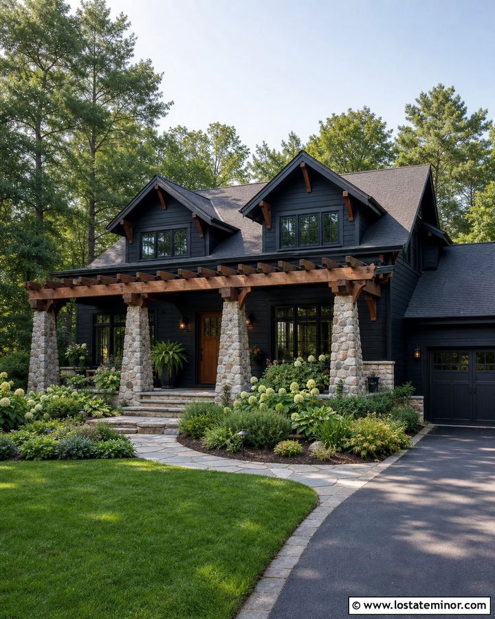 Black Craftsman House With Stone Pergola - 30 Black House Design With Pergola Ideas