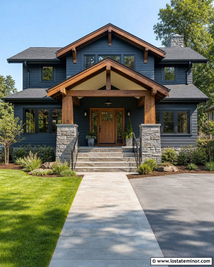 Black Craftsman House With Stone Portico Columns - 30 Black House Design With Portico Ideas
