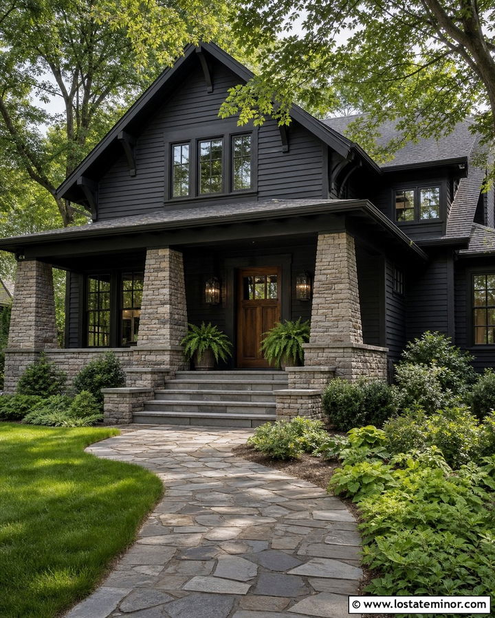 Black Craftsman House With Stone Steps - 30 Black House Design With Steps Ideas