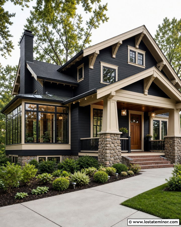 Black Craftsman House With Sunroom Porch - 30 Black House Design With Sunroom Ideas