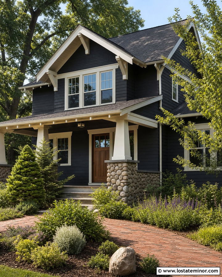 Black Craftsman House With White Trim - 30 Black House Design With Siding Ideas