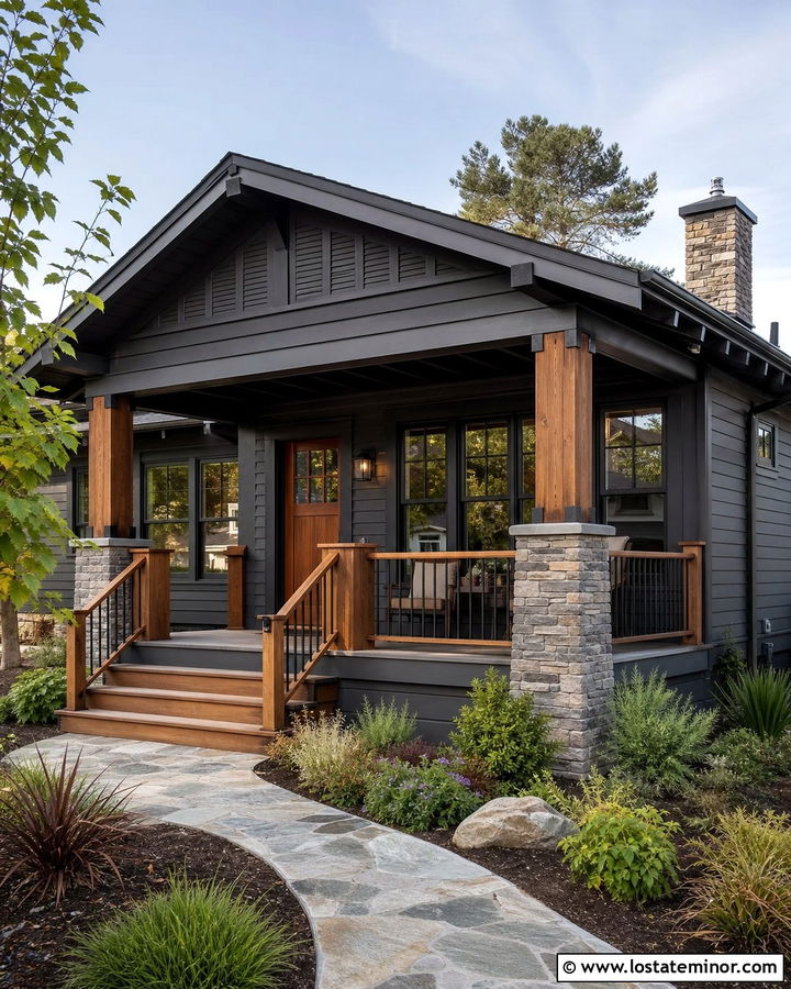 Black Craftsman House With Wood Railings - 30 Black House Design With Railings Ideas