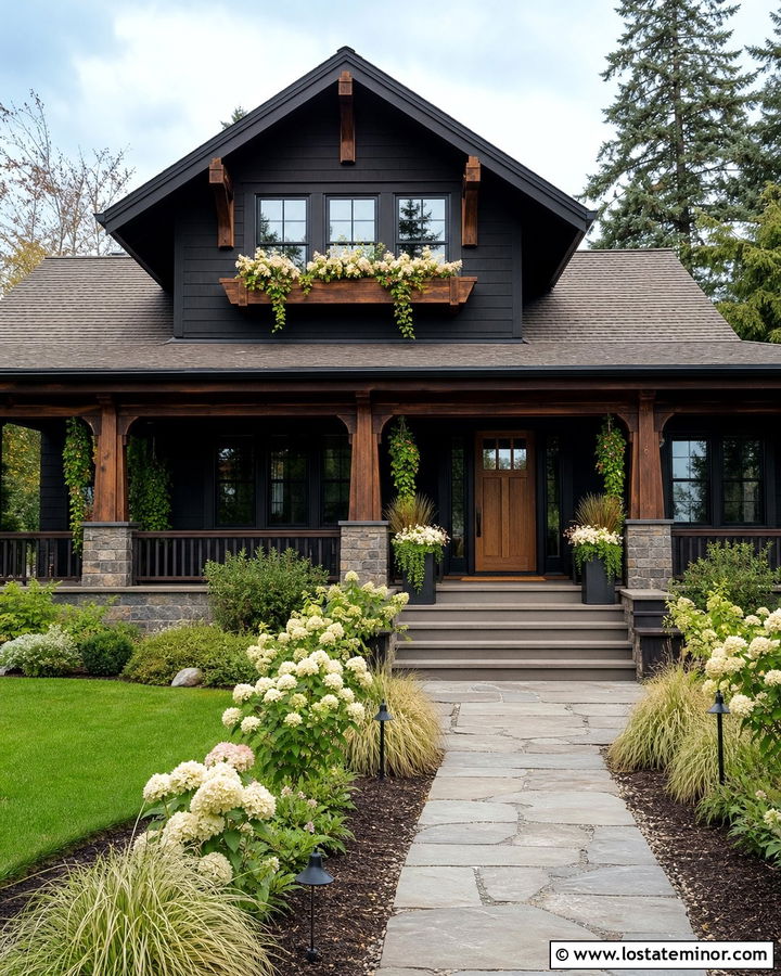 Black Craftsman House With Wood Window Boxes - 30 Black House Design With Window Boxes Ideas
