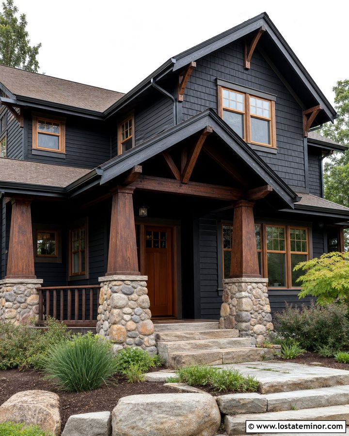 Black Craftsman House With Wood Window Frames - 30 Black House Design With Window Frames Ideas