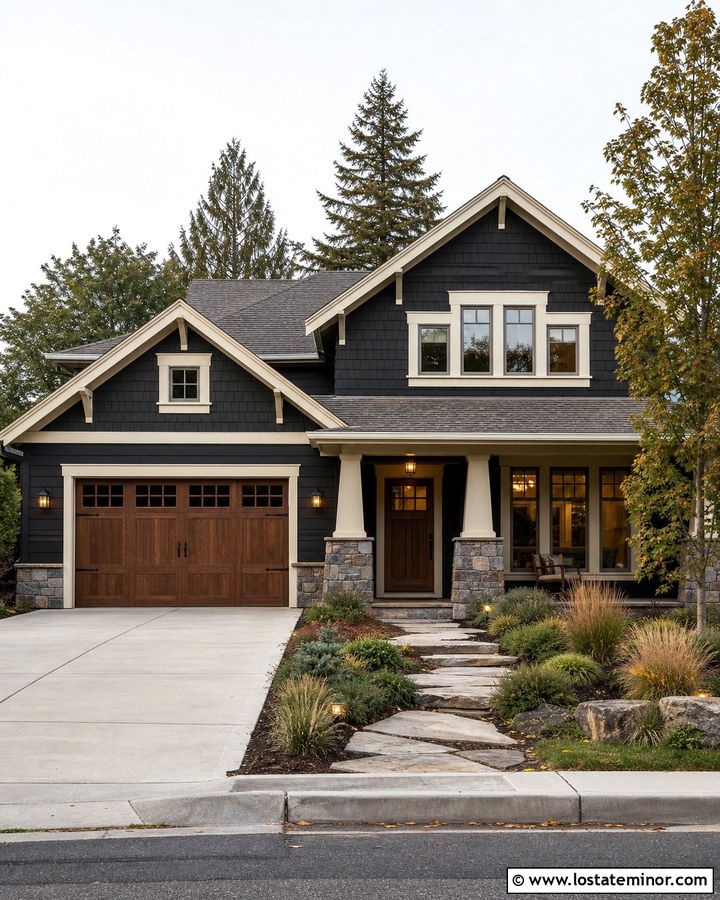 Black Craftsman With Walnut Garage Door - 30 Black House Design With Garage Door Ideas