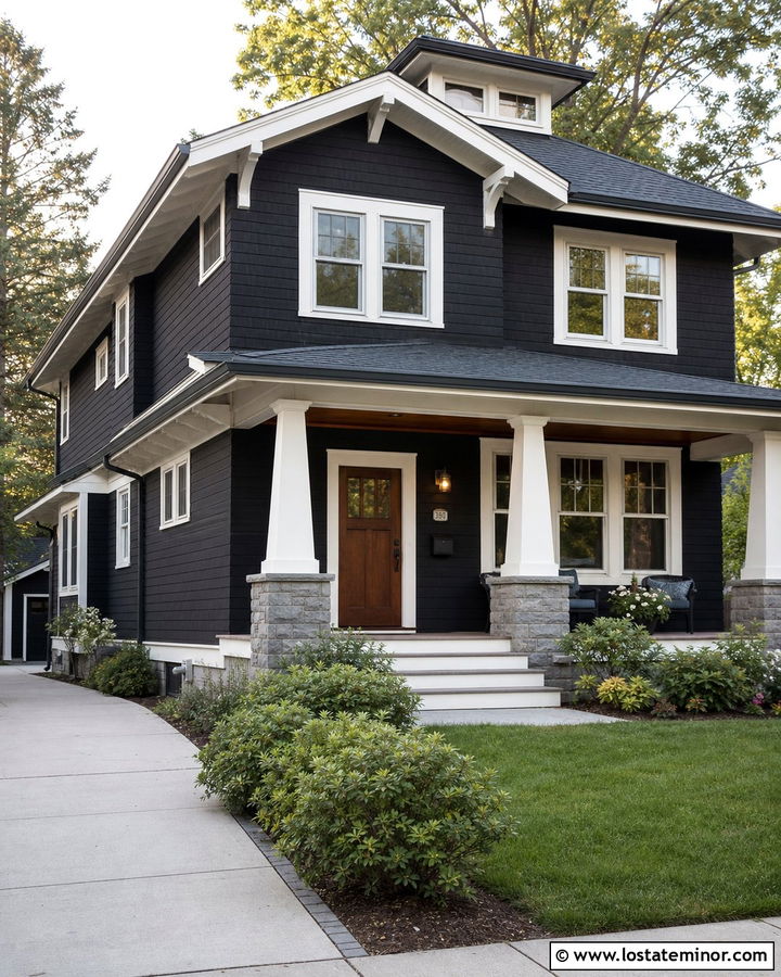 Black Craftsman With Warm White Trim - 30 Black House Design With Trim Ideas