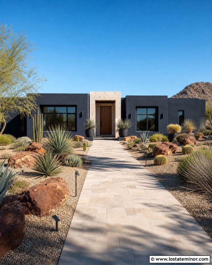 Black Desert House With Cactus Front Yard - 30 Black House Design With Front Yard Ideas