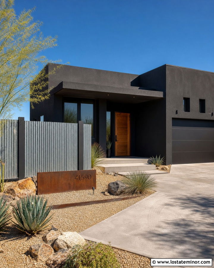 Black Desert House With Corrugated Metal Fence - 30 Black House Design With Fence Ideas