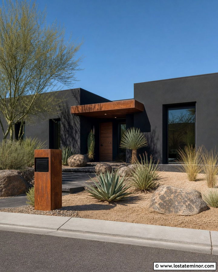 Black Desert House With Corten Mailbox - 30 Black House Design With Mailbox Ideas