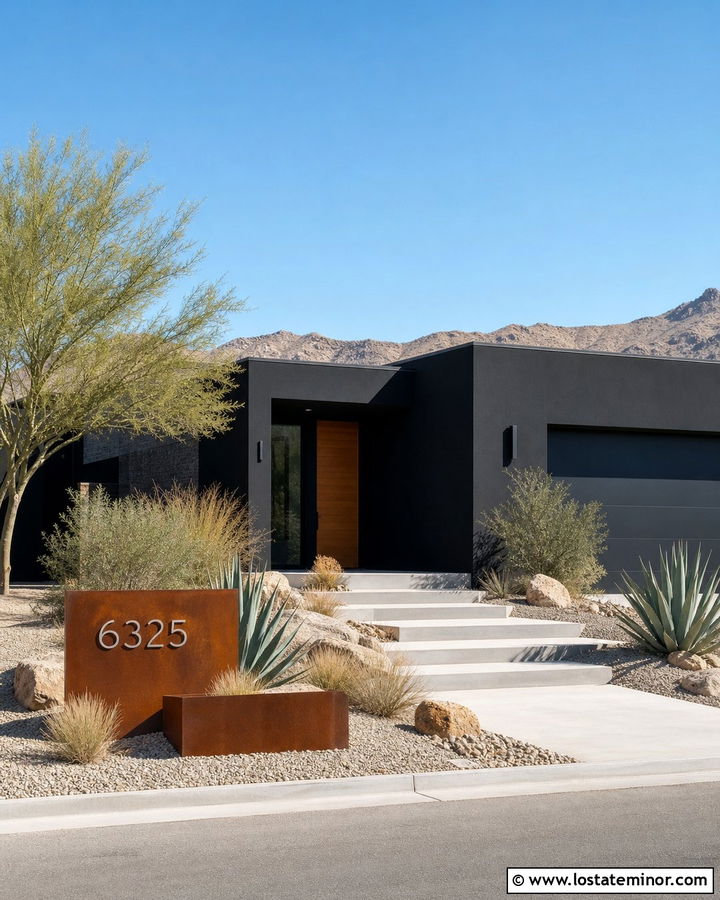 Black Desert House With Corten Steel House Numbers - 30 Black House Design With House Numbers Ideas