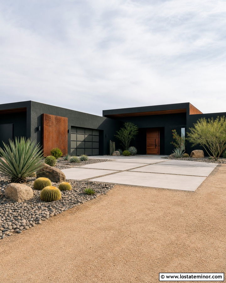 Black Desert House With Decomposed Granite Driveway - 30 Black House Design With Driveway Ideas